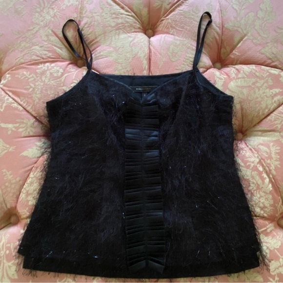 BCBGMaxAzria Tops - BCBG Maxazria Black Ruffled Front with Fringe Top